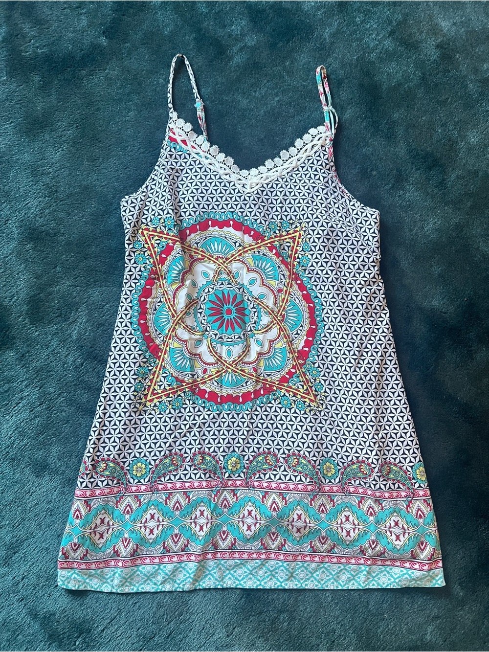 Coco + Carmen Teal, Pink and Gold Mandala Slip Dress Size S
